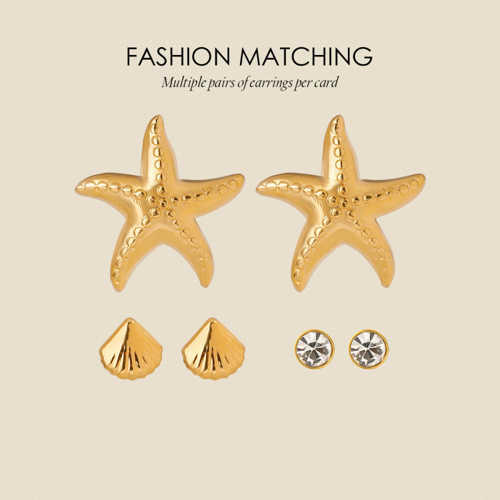 1 Paire De Boucles D'Oreilles Pour Femme En Acier Inoxydable Plaqué Or  Avec Strass, Série Romantique, Motif Étoile De Mer Image5