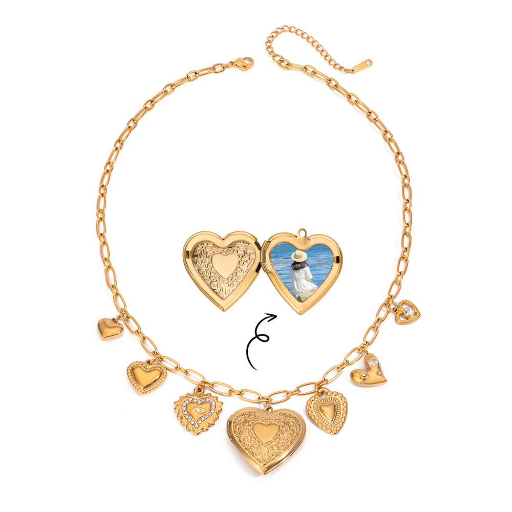 Collier Pendentif Femme Diy En Forme De Cœur, 1 Pièce, Collection Classique, En Acier Inoxydable Étanche Couleur Or Image5
