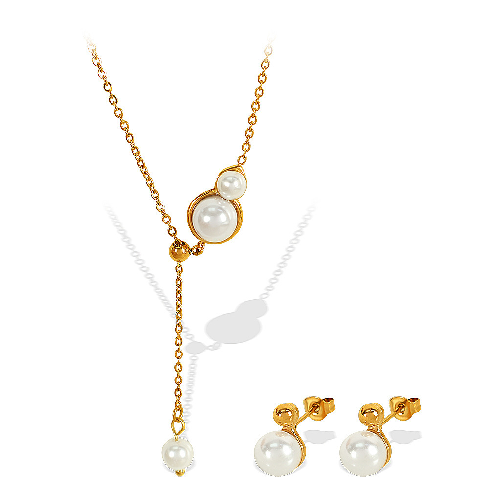Ensemble De Colliers Pour Femmes, 1 Paire, Série Simple, Géométrique, En Acier Inoxydable Plaqué Or, Perles Artificielles h5Image7