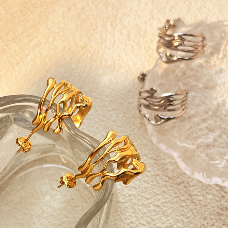 Boucles D'Oreilles Puces Pour Femme, En Acier Inoxydable Doré, Imperméables, De Forme Irrégulière (1 Paire). h5Image3