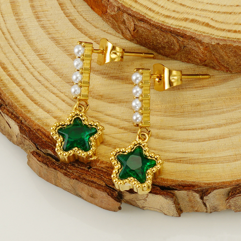 1 Paire De Boucles D'Oreilles En Perles D'Acier Inoxydable De Style Transfrontalier Pour Femmes, Boucles D'Oreilles En Étoile En Zircon Assorties, Boucles D'Oreilles Pour Femmes, Boucles D'Oreilles Pendantes Image4