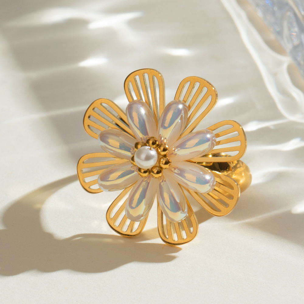 1 Paire De Bagues Ajustables Pour Femme, Série Classique, Style Rétro, En Acier Inoxydable Plaqué Or , Avec Perles Artificielles Image4