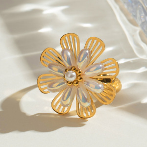 1 Paire De Bagues Ajustables Pour Femme, Série Classique, Style Rétro, En Acier Inoxydable Plaqué Or , Avec Perles Artificielles h5 Image4