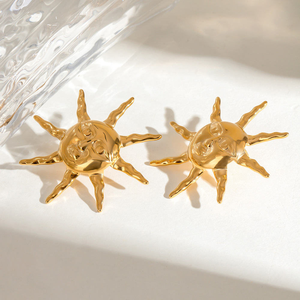 1 Paire De Boucles D'Oreilles À Tige Rétro Soleil/Lune En Acier Inoxydable Plaqué Or Pour Femme h5Image4