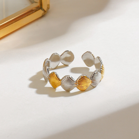 Bague ajustable pour femme, en acier inoxydable étanche, avec motif coquillage, or et argent (1 pièce). 2