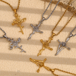 Collier Pendentif Femme Style Rétro Fleuri, En Acier Inoxydable, Couleur Or, Étanche, Collection Romantique (1 Pièce) h5 Image3