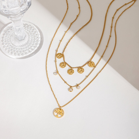 Collier à plusieurs rangs pour femme, collection Natural Series Elegant Tree, en acier inoxydable étanche couleur or (1 pièce) 2