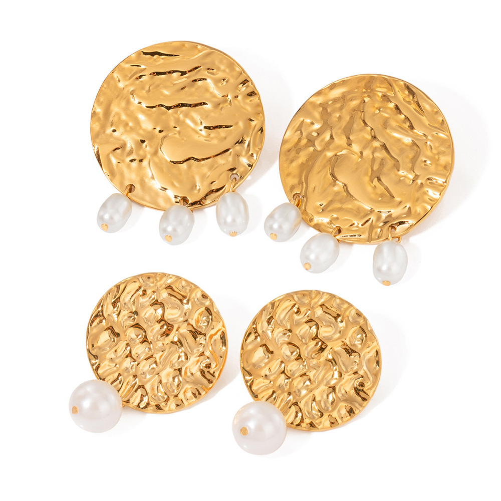 1 Paire De Boucles D'Oreilles Pendantes En Acier Inoxydable Or  Avec Perles Ovales Martelées Et Rondes, Style Personnalité, Bijoux Tendance Pour Femmes Image6