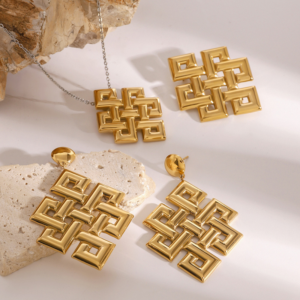 1 Paire De Boucles D'Oreilles Rétro Géométriques En Acier Inoxydable Plaqué Or Pour Femme, Série Classique h5Image3
