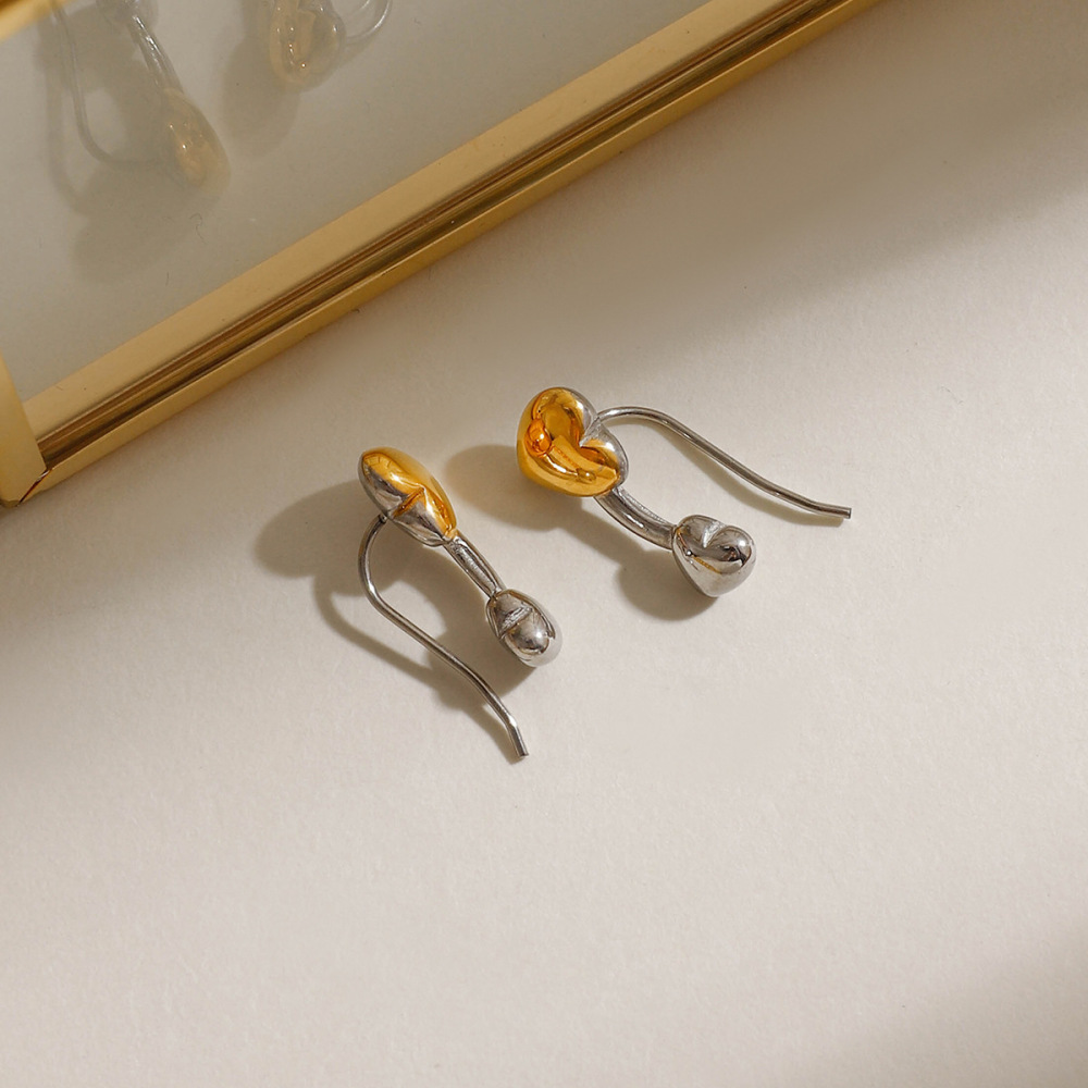Boucles D'Oreilles Puces Pour Femme, Collection Designable, En Acier Inoxydable Imperméable, Motif Cœur Délicat, Coloris Or Et Argent (1 Paire). h5Image4