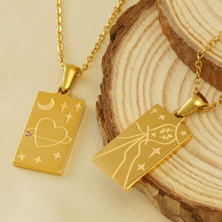 collier unisexe avec pendentif soleil/lune rétro en acier titane plaqué or , série classique, 1 pièce 2