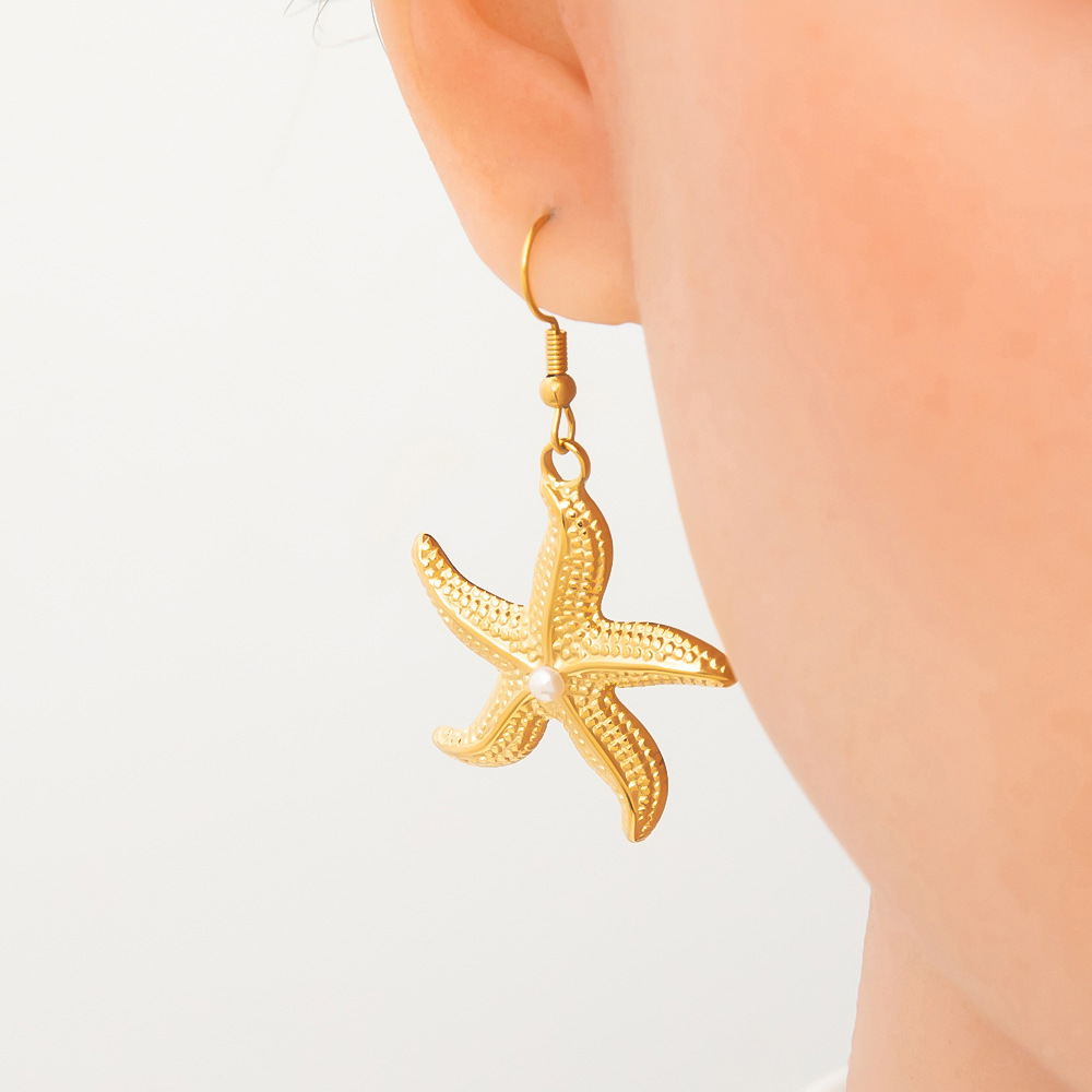 Boucles D'Oreilles Pendantes Pour Femme, Collection Romantique, Motif Étoile De Mer, En Acier Inoxydable Doré, Étanches, En Forme D'Étoile De Mer. 1 Paire Image8