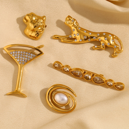 Broche femme de luxe, collection rétro, motif animal, en acier inoxydable, couleur or, imperméable (1 pièce)