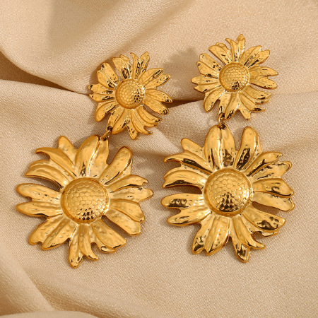 Boucles d'oreilles pendantes pour femme, en acier inoxydable doré, ornées de fleurs naturelles (1 paire), collection Luxe.