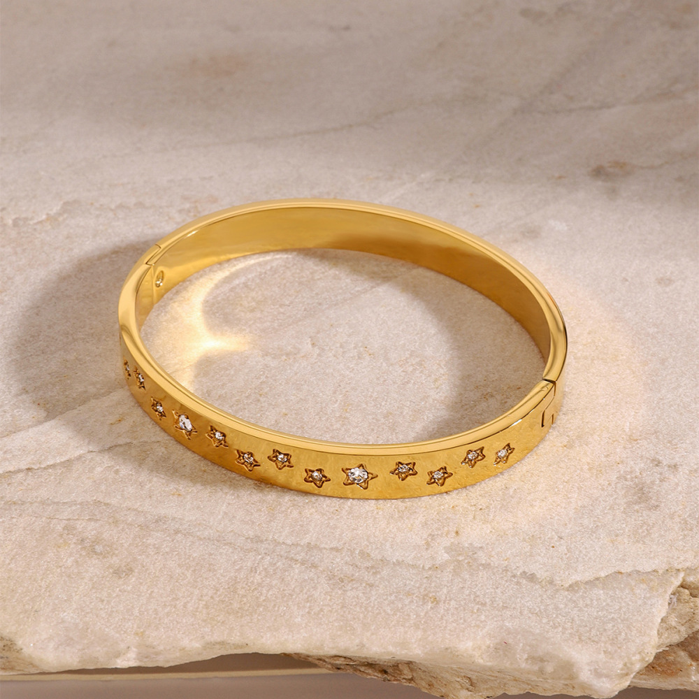 Bracelet Jonc Femme Élégant, Rond, Pentagramme, En Acier Inoxydable, Étanche, Couleur Or (1 Pièce) Image2