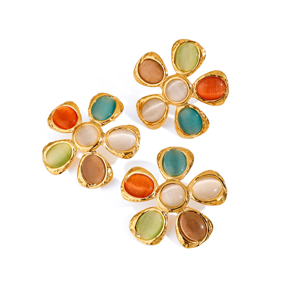 1 Paire De Boucles D'Oreilles Puces Pour Femme, Collection Romantique, Motif Fleurs De Vacances, En Acier Inoxydable Étanche Couleur Or, Ornées De Pierres Œil-De-Chat Naturelles. Image7