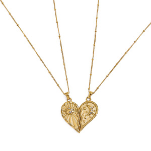 Collier Pendentif Élégant Pour Femme, Collection Romantique, En Acier Inoxydable Doré, Motif Cœur, Lune Et Soleil, Couleur Or. h5 Image9