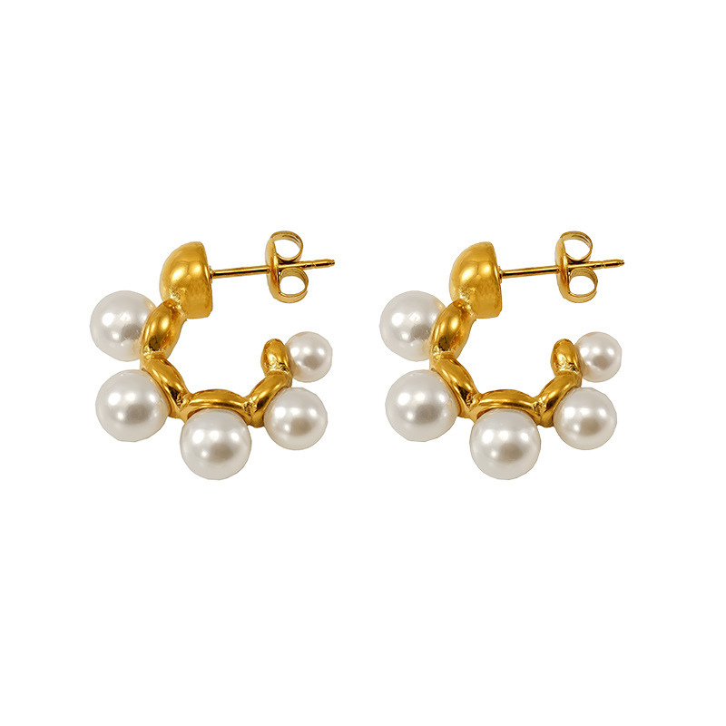 1 Paire De Boucles D'Oreilles Pendantes Géométriques Simples En Acier Inoxydable Plaqué Or  Avec Perles Artificielles Pour Femmes Image6