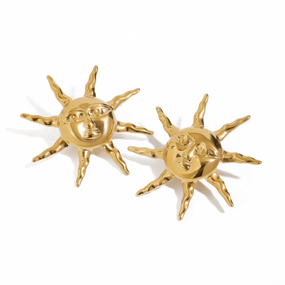 1 Paire De Boucles D'Oreilles À Tige Rétro Soleil/Lune En Acier Inoxydable Plaqué Or Pour Femme h5Image6