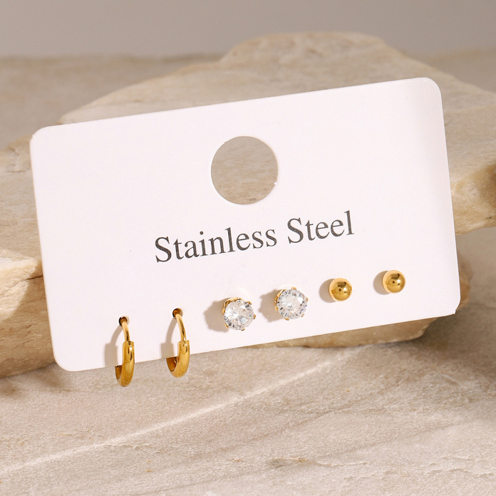 Ensemble De Boucles D'Oreilles Pour Femme, Style Géométrique Simple, En Acier Inoxydable, Étanche, Couleur Or, Avec Zircon. Image3