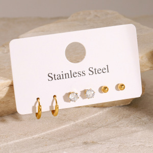 Ensemble De Boucles D'Oreilles Pour Femme, Style Géométrique Simple, En Acier Inoxydable, Étanche, Couleur Or, Avec Zircon. h5 Image3