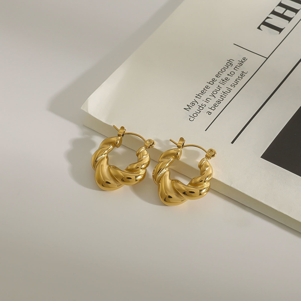 1 Paire De Boucles D'Oreilles Créoles Annulaires Daily Twist En Acier Inoxydable Étanche Couleur Or Pour Femme, Collection Classique Daily Twist Image4