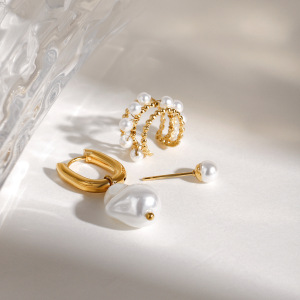 Ensemble De 1 Paire De Boucles D'Oreilles Pour Femme, Collection Classique, Forme Irrégulière Exquise, En Acier Inoxydable Étanche, Couleur Or. h5 Image2
