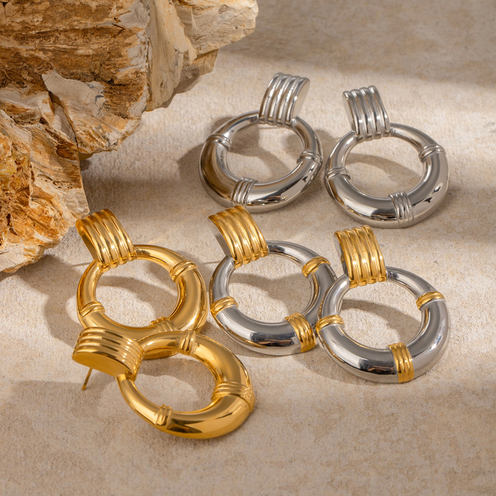 1 Paire De Boucles D'Oreilles Puces Pour Femme, Style Rétro Géométrique Simple, En Acier Inoxydable Plaqué Or. Image4