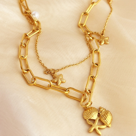 Collier à plusieurs rangs pour femme, collection Vacances, double couche, en acier inoxydable imperméable, couleur or, motif coquillage exquis 2