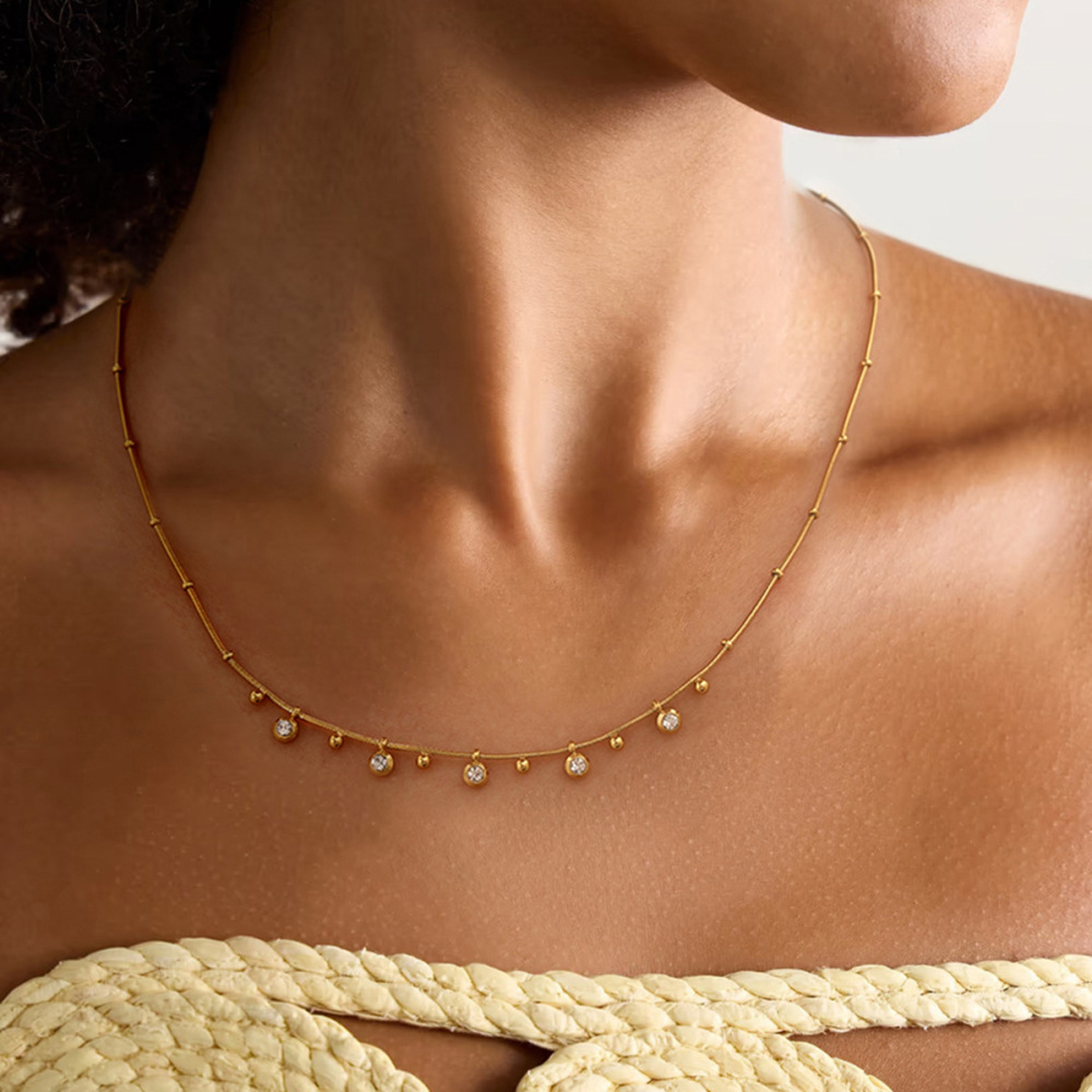 Collier Avec Pendentif Géométrique En Acier Inoxydable Plaqué Or  Et Zircon Pour Femme, Série Simple, 1 Pièce Image4