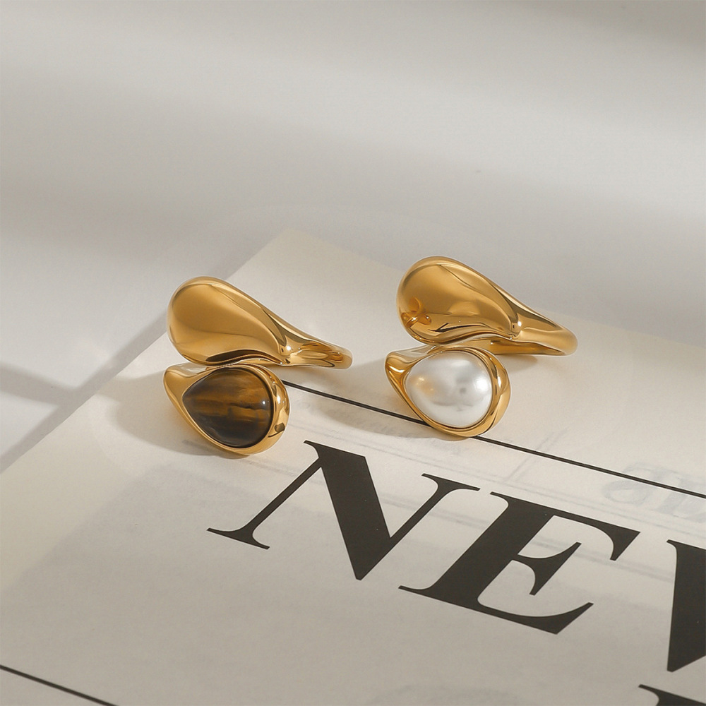Bague Ajustable Pour Femme, En Acier Inoxydable Doré, Ornée D'Une Pierre Naturelle En Forme De Goutte (1 Pièce), Collection Classique. Image3