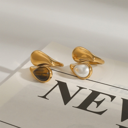 Bague ajustable pour femme, en acier inoxydable doré, ornée d'une pierre naturelle en forme de goutte (1 pièce), collection classique. 2