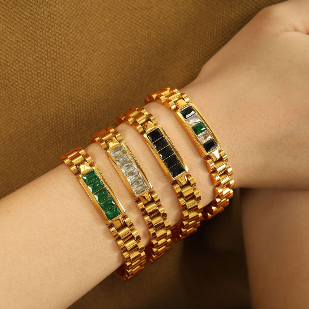 Bracelet Chaîne Géométrique Rétro En Acier Inoxydable Plaqué Or  Et Zircon Pour Femme, Série Simple, 1 Pièce Image4