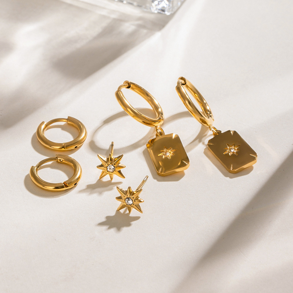 1 Paire De Boucles D'Oreilles Rétro À Huit Branches En Acier Inoxydable Plaqué Or Avec Strass Pour Femme h5Image3