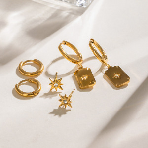 1 Paire De Boucles D'Oreilles Rétro À Huit Branches En Acier Inoxydable Plaqué Or Avec Strass Pour Femme h5 Image3