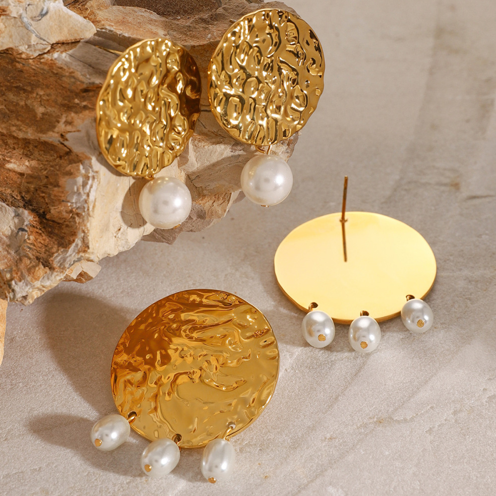 1 Paire De Boucles D'Oreilles Pendantes En Acier Inoxydable Or  Avec Perles Ovales Martelées Et Rondes, Style Personnalité, Bijoux Tendance Pour Femmes Image5
