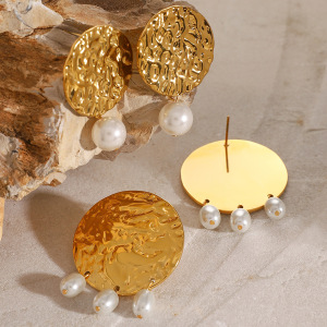 1 Paire De Boucles D'Oreilles Pendantes En Acier Inoxydable Or  Avec Perles Ovales Martelées Et Rondes, Style Personnalité, Bijoux Tendance Pour Femmes h5 Image5