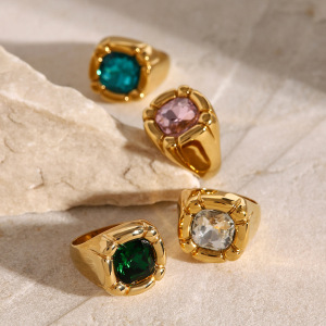 1 Paire De Bagues Simples Pour Femme, Série Luxueuse, Style Rétro Géométrique, En Acier Inoxydable Plaqué Or , Avec Zircons h5 Image4