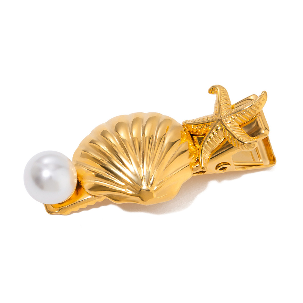 1 Paire De Pinces À Cheveux Pour Femmes, Série Simple, Style Tortue, En Acier Inoxydable Plaqué Or , Avec Perles Artificielles Image5