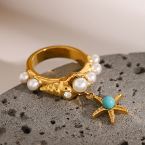 1 Paire De Bagues Simples Pour Femme, Série Ethnique, Motif Tortue Rétro, En Acier Inoxydable Plaqué Or , Avec Perles Artificielles h5 Image2