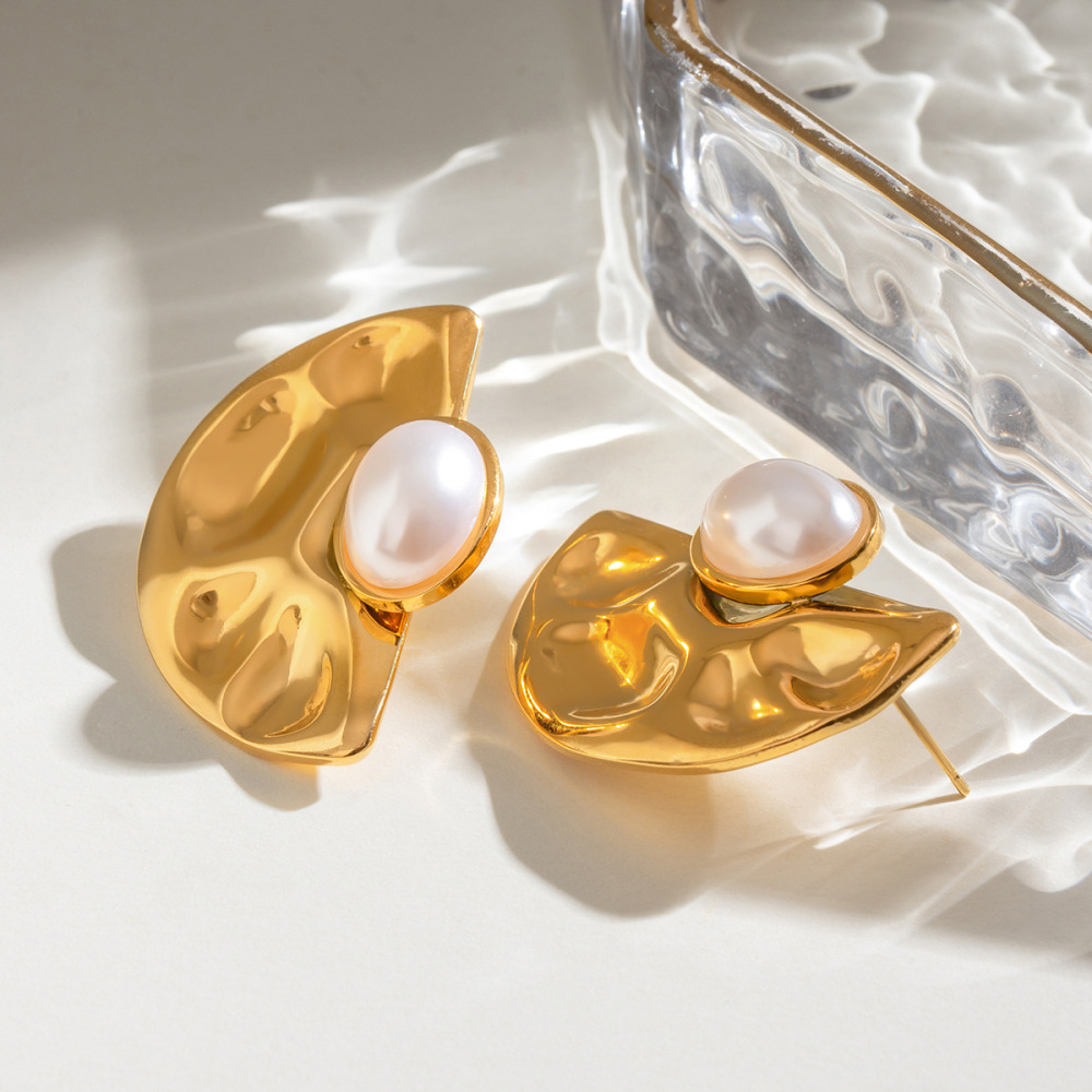 1 Paire De Boucles D'Oreilles À Tige Géométriques Rétro En Acier Inoxydable Plaqué Or Avec Perles Artificielles Pour Femmes Image4