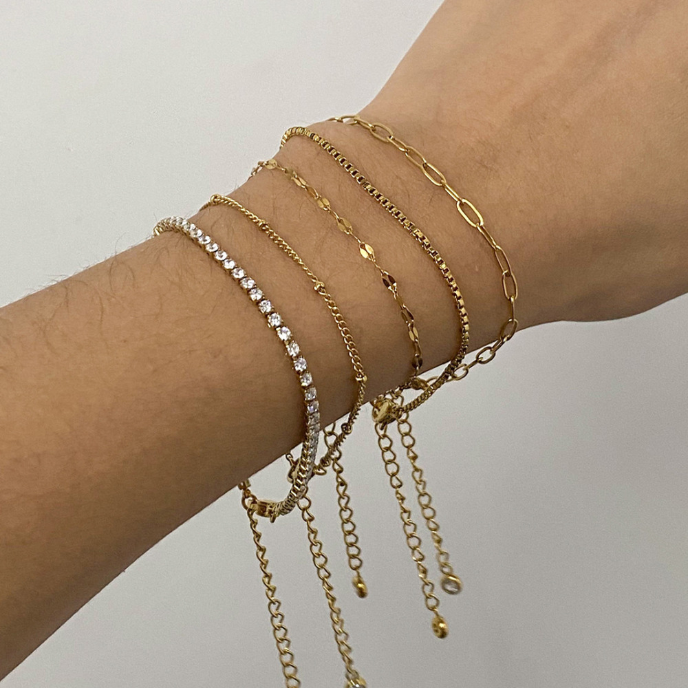 Bracelet Chaîne Pour Femme En Acier Inoxydable Plaqué Or  Avec Strass, Série Simple  Image6