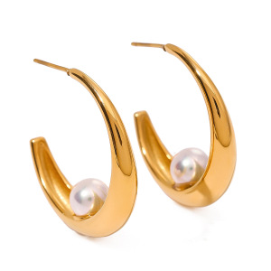 1 Paire De Boucles D'Oreilles Créoles Élégantes Géométriques En Acier Inoxydable Plaqué Or  Avec Perles Artificielles Pour Femmes h5 Image5