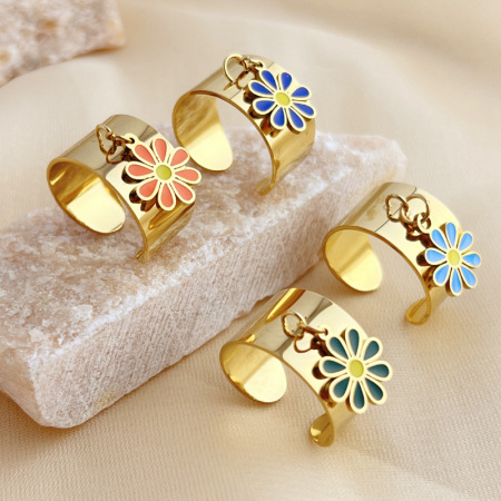 Bague ajustable pour femme, collection romantique, motif marguerite naturelle colorée, en acier inoxydable étanche couleur or. 2