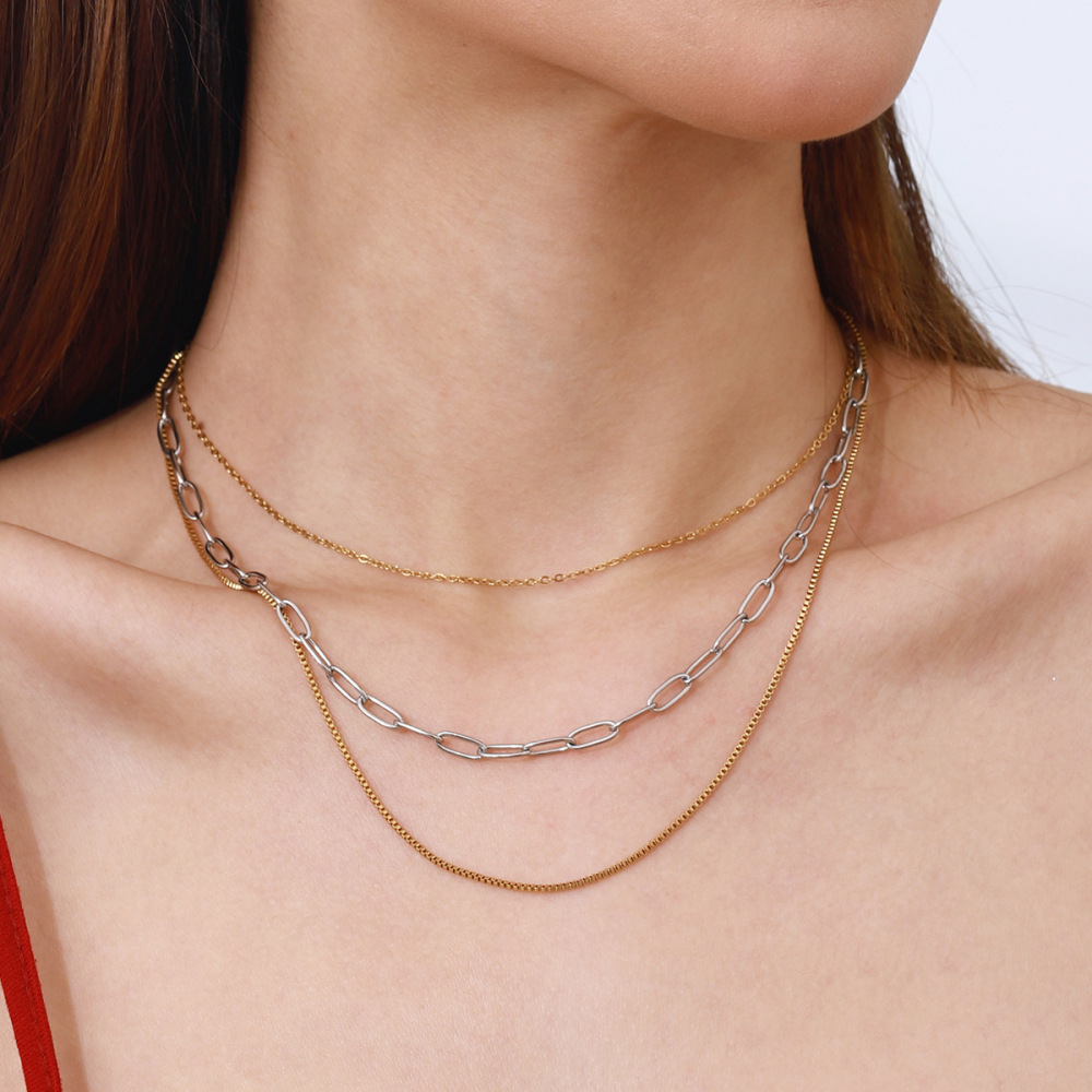 Colliers Superposés Pour Femmes, 1 Pièce, En Acier Inoxydable Étanche, Couleur Or Et Argent, Collection Modern Series Line h5Image7