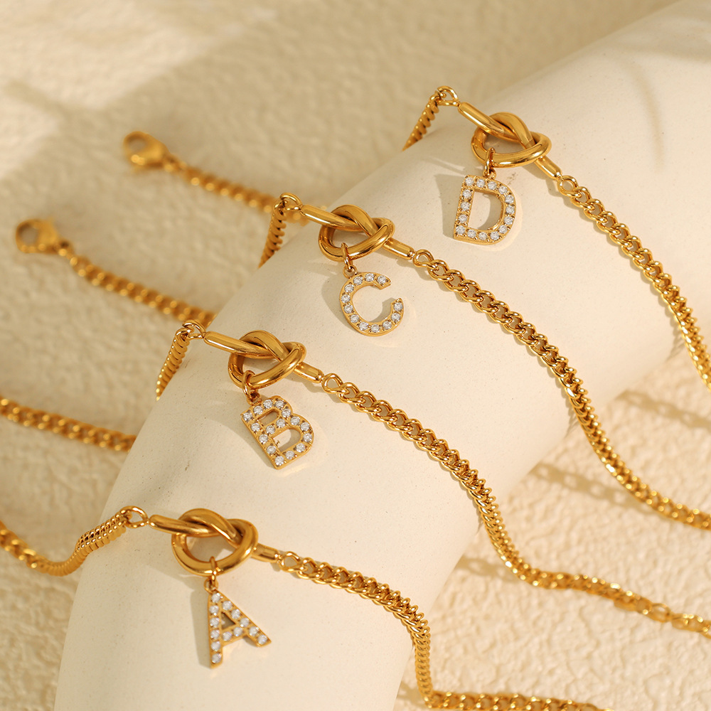 Bracelet À Breloques Pour Femme, Série Simple, Lettre Simple, En Acier Inoxydable Plaqué Or , Strass h5Image4