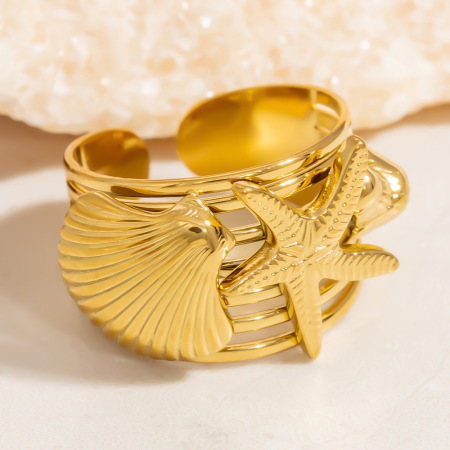 Bague ajustable pour femme, collection Designable Series Vacation Chic, motif coquillage, en acier inoxydable étanche couleur or.
