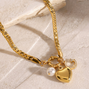 Bracelet À Breloques Pour Femme En Acier Inoxydable Plaqué Or , Série Simple, Motif Cœur Quotidien h5 Image2