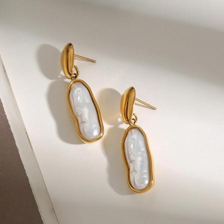 Boucles d'oreilles pendantes pour femme, style ovale irrégulier, en acier inoxydable doré, étanches, collection classique (1 paire).