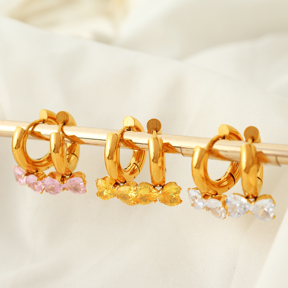 1 Paire De Boucles D'Oreilles Pendantes Pour Femme, Série Romantique, Nœud Papillon, En Acier Inoxydable Plaqué Or  Et Zircone Image5